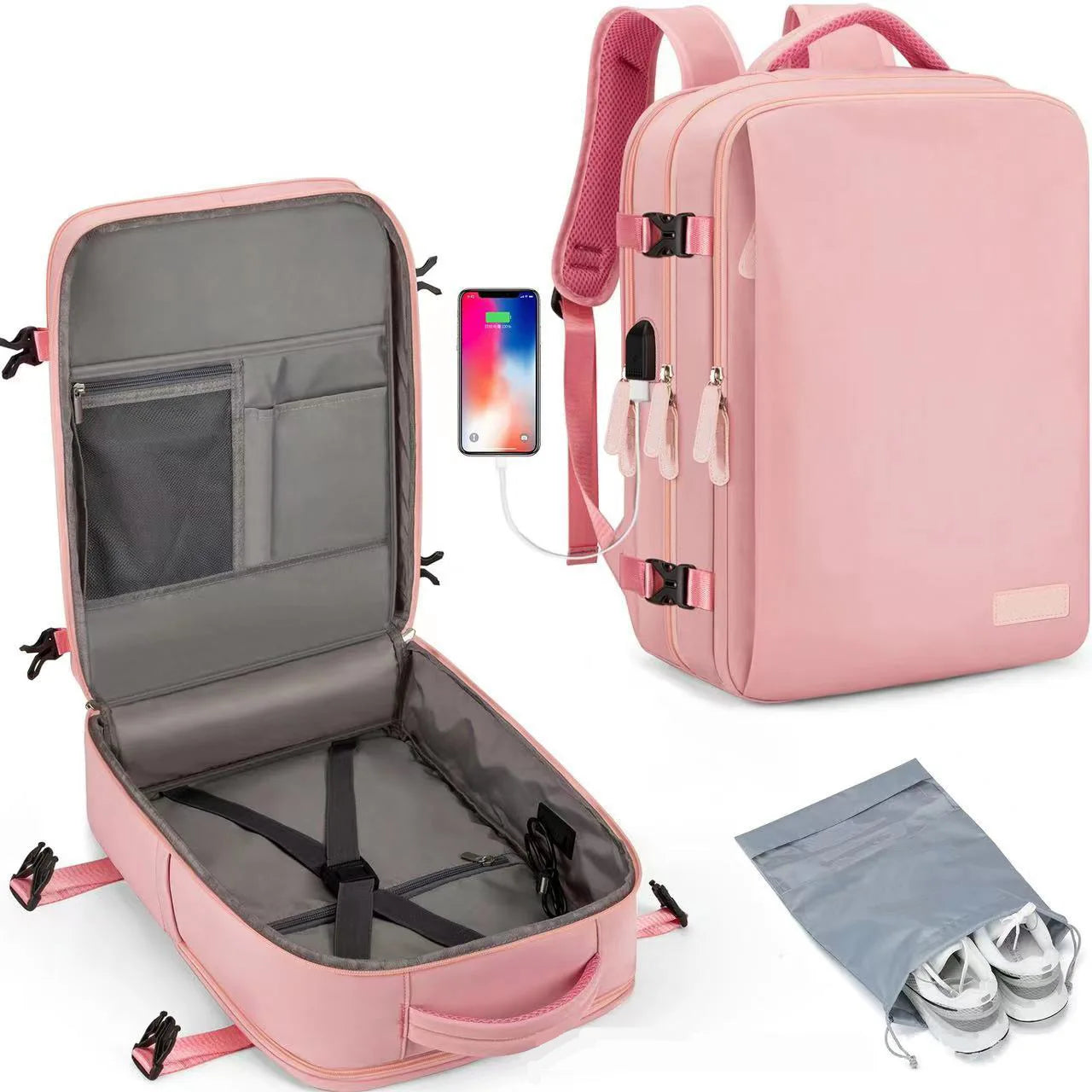 Travel Unisex Airplane Backpack Durable Polyester USB Charging Lightweight Travel Laptop Bag with Zipper Closure