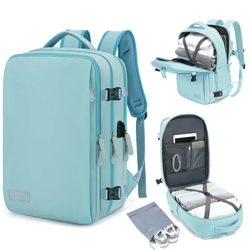 Travel Unisex Airplane Backpack Durable Polyester USB Charging Lightweight Travel Laptop Bag with Zipper Closure