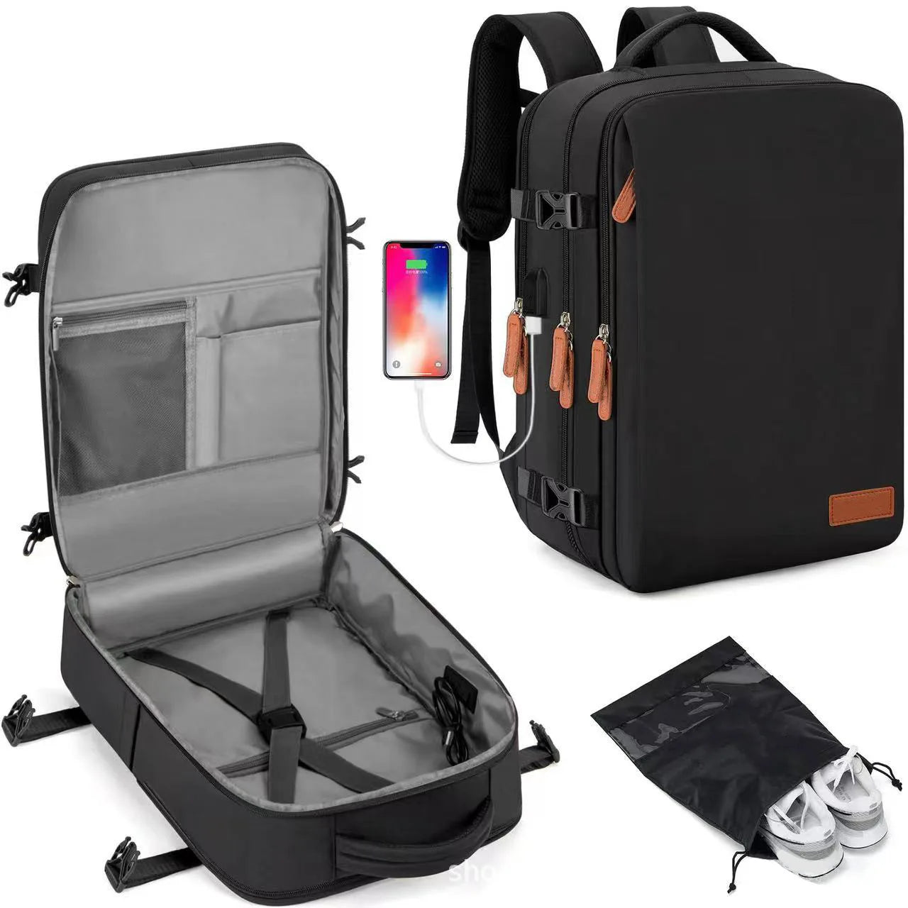Travel Unisex Airplane Backpack Durable Polyester USB Charging Lightweight Travel Laptop Bag with Zipper Closure